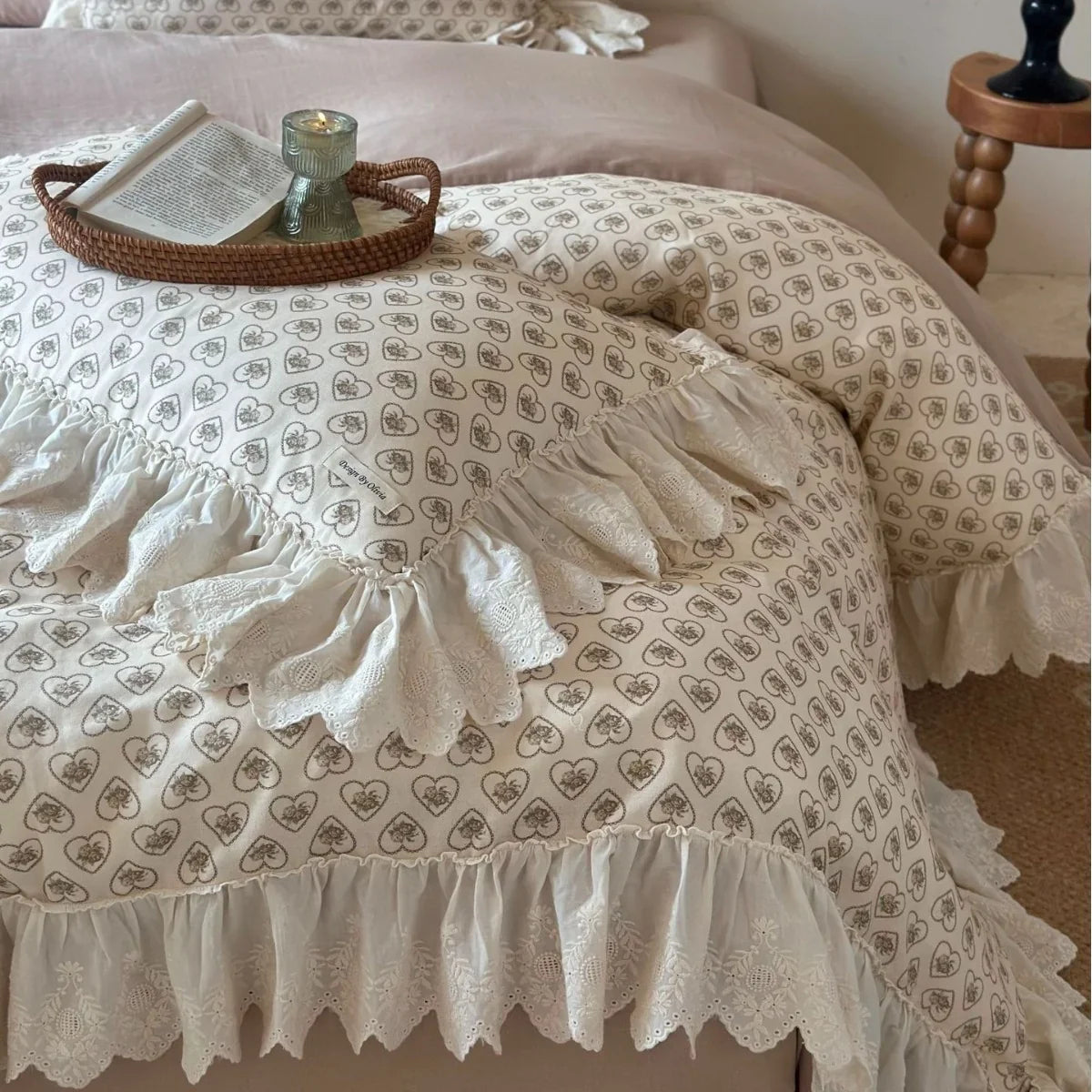 Duvet Cover Heart & Rose Print Lace Ruffle Cotton-Blend