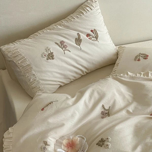 Duvet Cover Set 100% Cotton Floral Embroidery 4-Piece