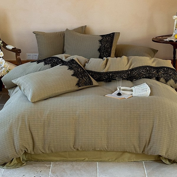 Duvet Cover Set 100% Cotton Lace Trim 4-Piece