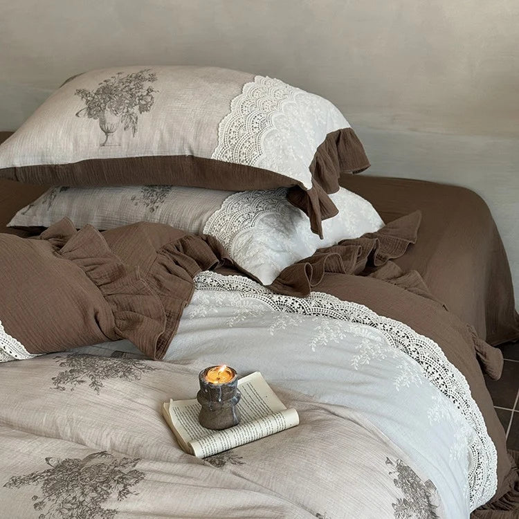 Duvet Cover Set 100% Cotton Percale Vintage Floral Lace