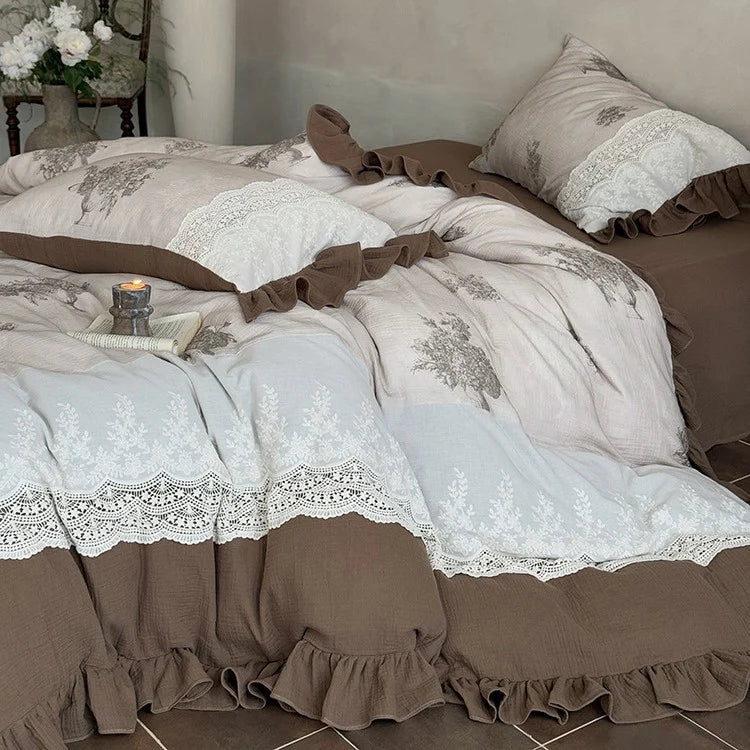 Duvet Cover Set 100% Cotton Percale Vintage Floral Lace