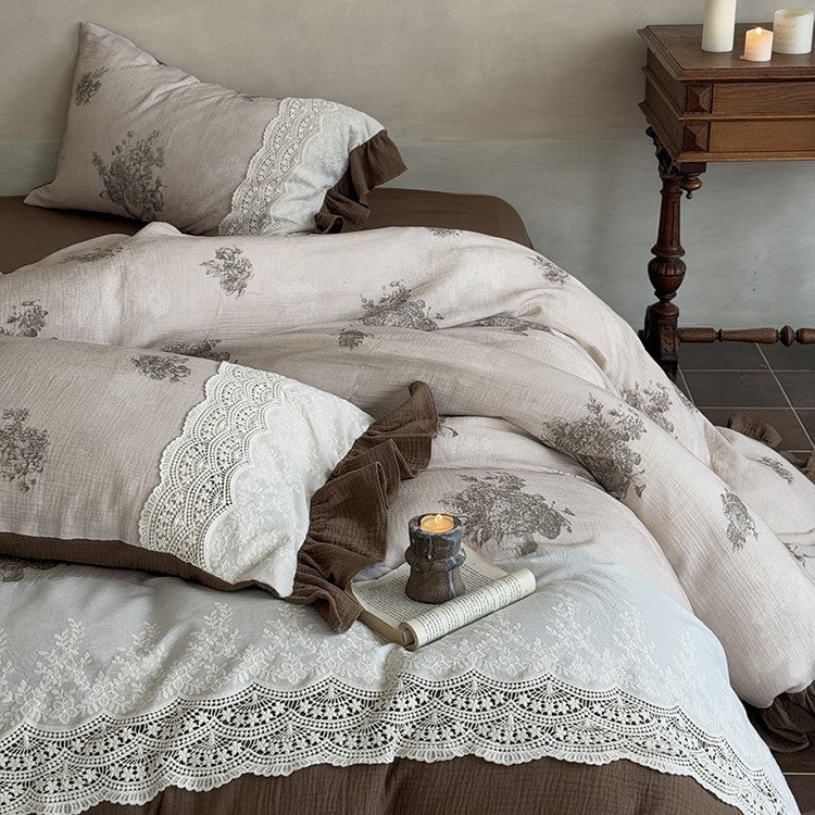 Duvet Cover Set 100% Cotton Percale Vintage Floral Lace