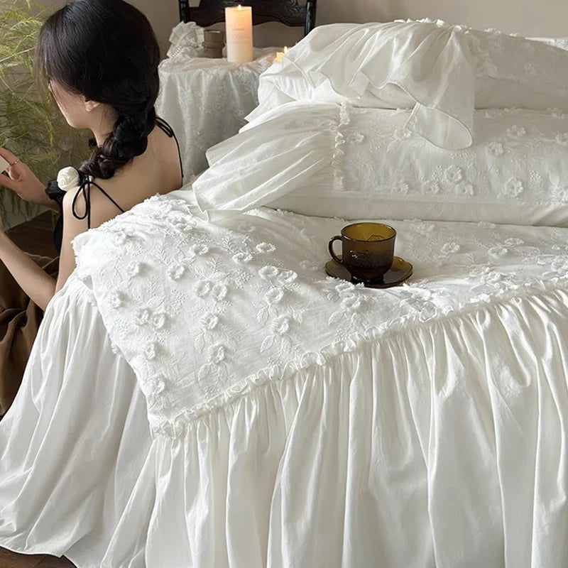 Duvet Cover Set 3D Floral Embroidery Ruffled Border