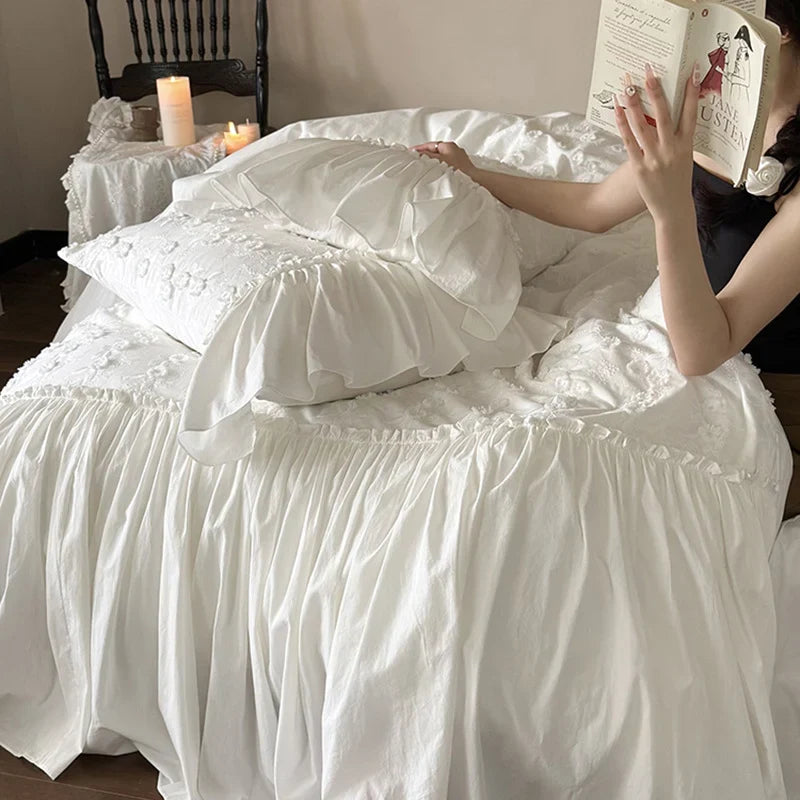 Duvet Cover Set 3D Floral Embroidery Ruffled Border