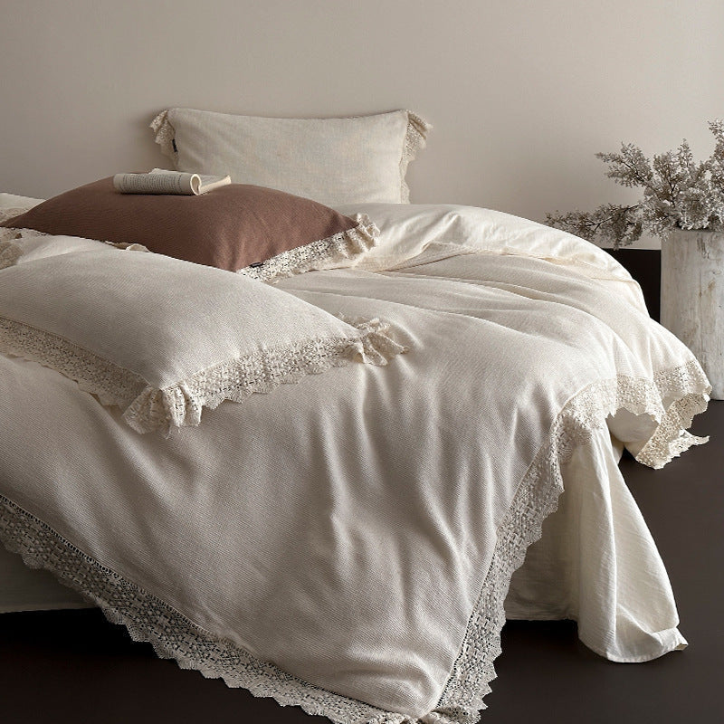 Duvet Cover Set 4-Piece Linen-Look Cotton Blend Lace Trim
