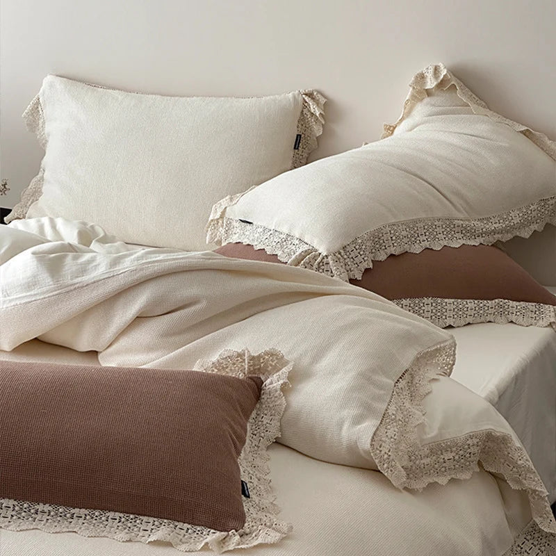 Duvet Cover Set 4-Piece Linen-Look Cotton Blend Lace Trim