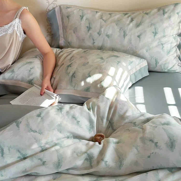 Duvet Cover Set 4-Piece Mako Cotton Breathable Watercolor Fern
