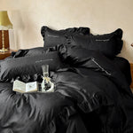 Duvet Cover Set 4-Piece Silky Satin Jacquard Ruffled Edges