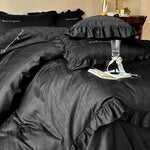Duvet Cover Set 4-Piece Silky Satin Jacquard Ruffled Edges