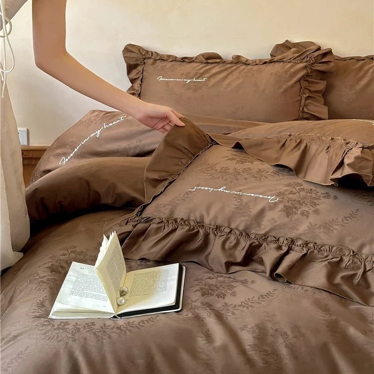 Duvet Cover Set 4-Piece Silky Satin Jacquard Ruffled Edges