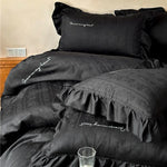 Duvet Cover Set 4-Piece Silky Satin Jacquard Ruffled Edges