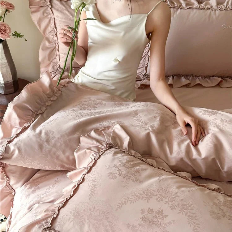 Duvet Cover Set 4-Piece Silky Satin Jacquard Ruffled Edges