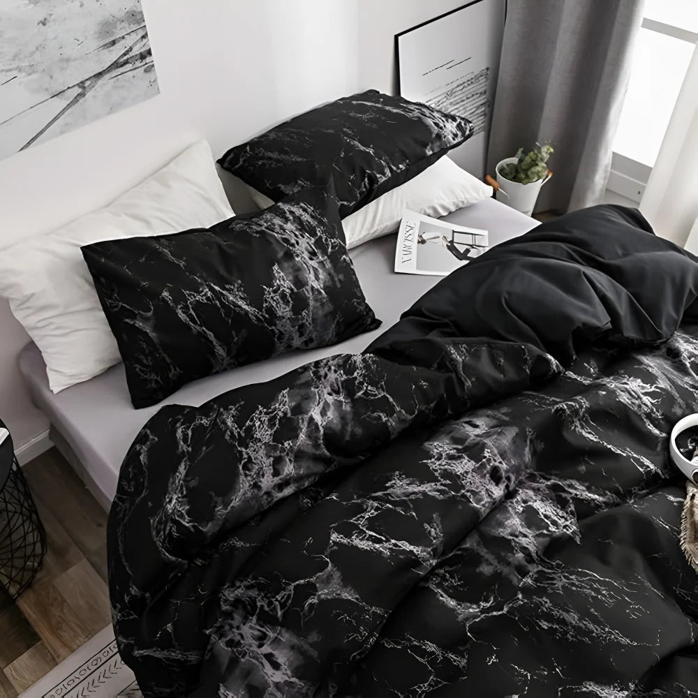 Duvet Cover Set Black Marble Microfiber & 2 Pillowcases