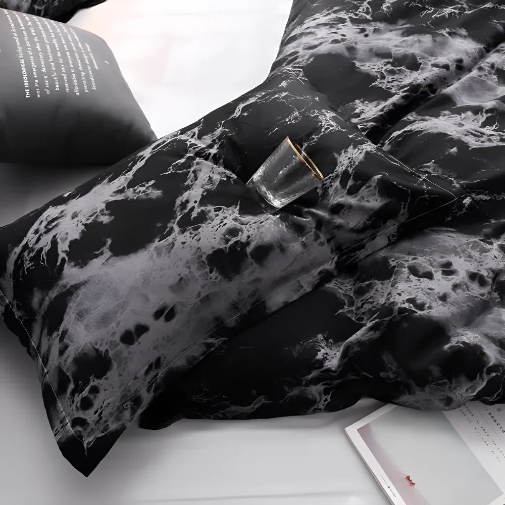 Duvet Cover Set Black Marble Microfiber & 2 Pillowcases