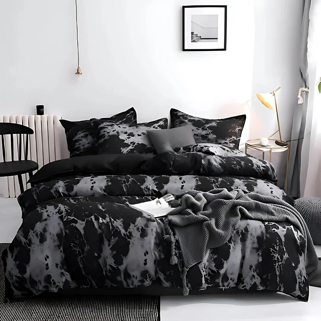 Duvet Cover Set Black Marble Microfiber & 2 Pillowcases