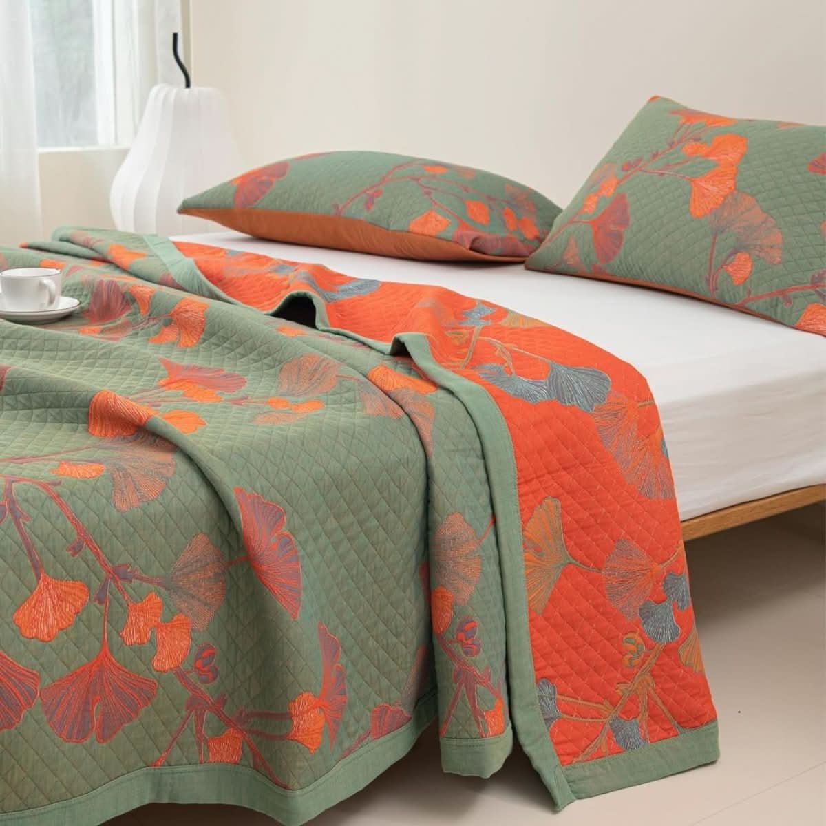 Duvet Cover Set Breathable Cotton Blend Reversible Ginkgo