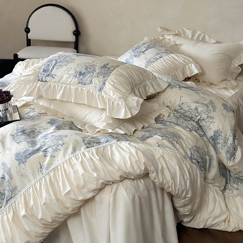 Duvet Cover Set Breathable Cotton Blend Toile Ruffled Edges