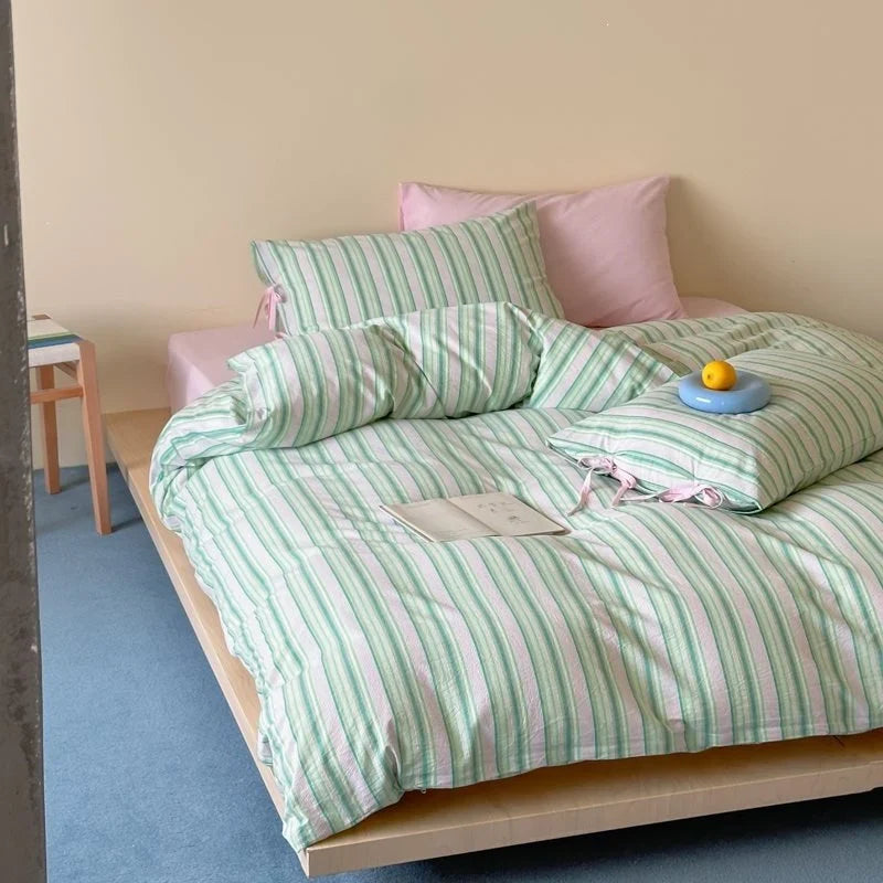 Duvet Cover Set Breathable Cotton Fine Stripe Hidden Zipper