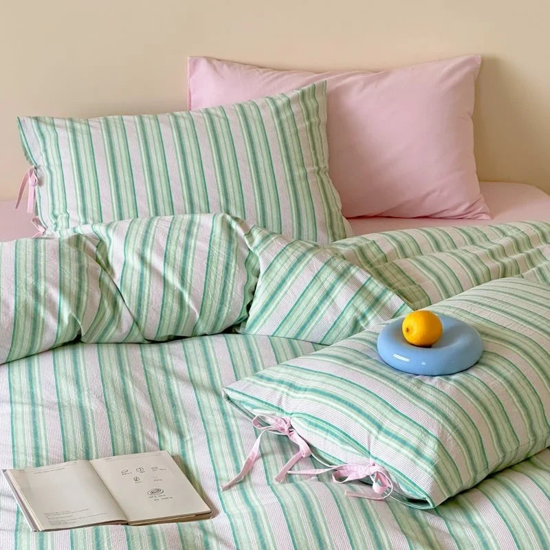 Duvet Cover Set Breathable Cotton Fine Stripe Hidden Zipper