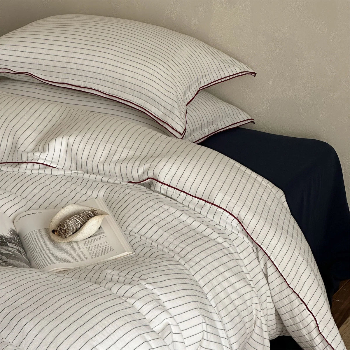 Duvet Cover Set Breathable Cotton Fine Stripes & Piping