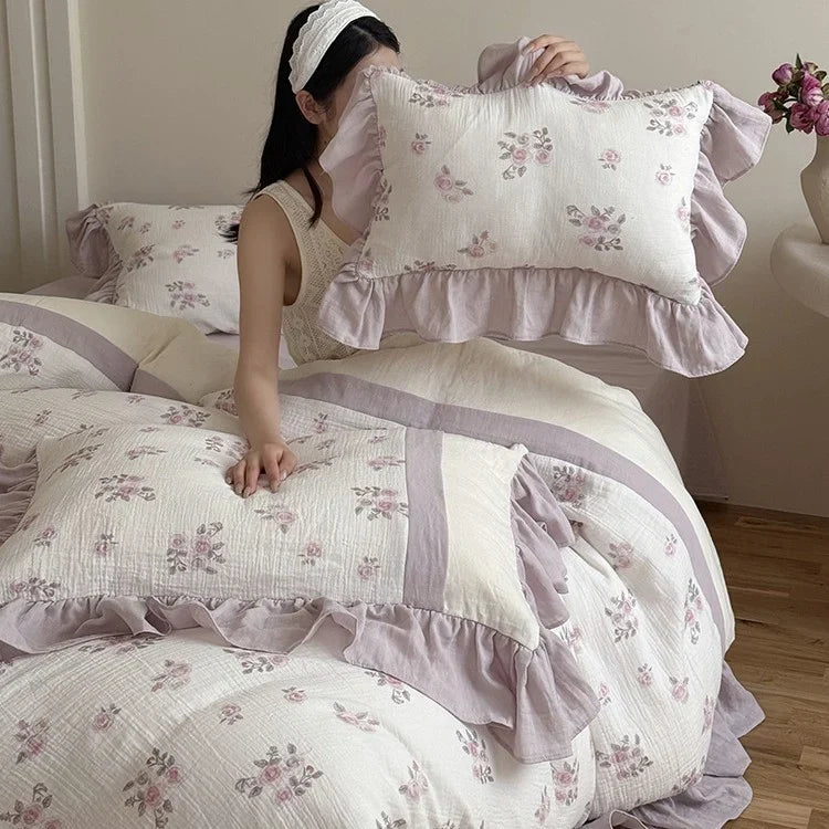 Duvet Cover Set Breathable Cotton Gauze Vintage Rose 4-Piece