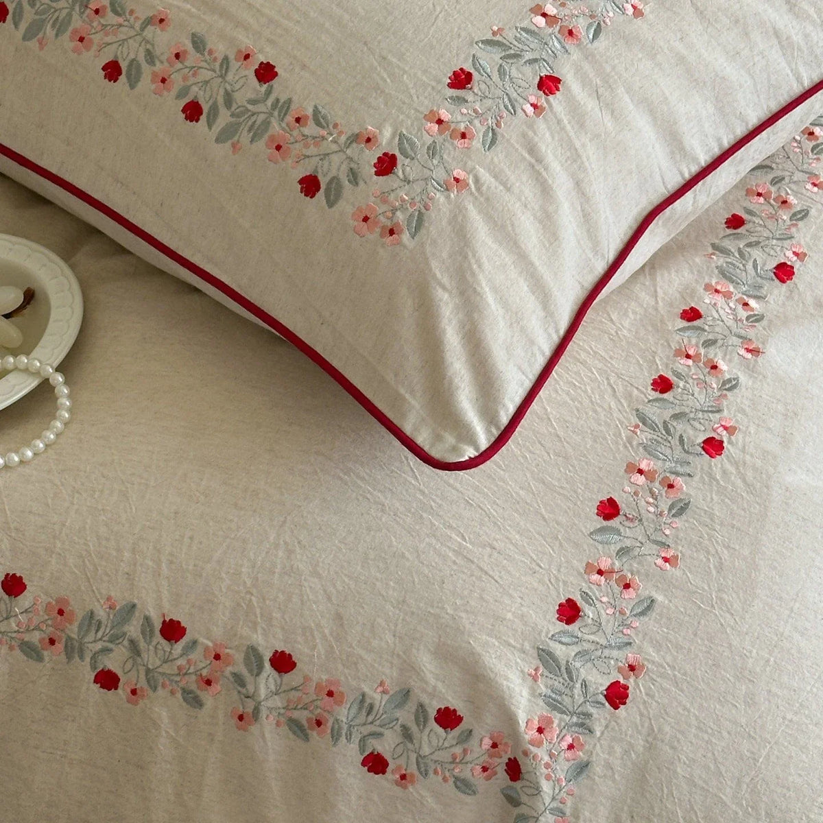 Duvet Cover Set Breathable Cotton-Linen Floral Embroidery