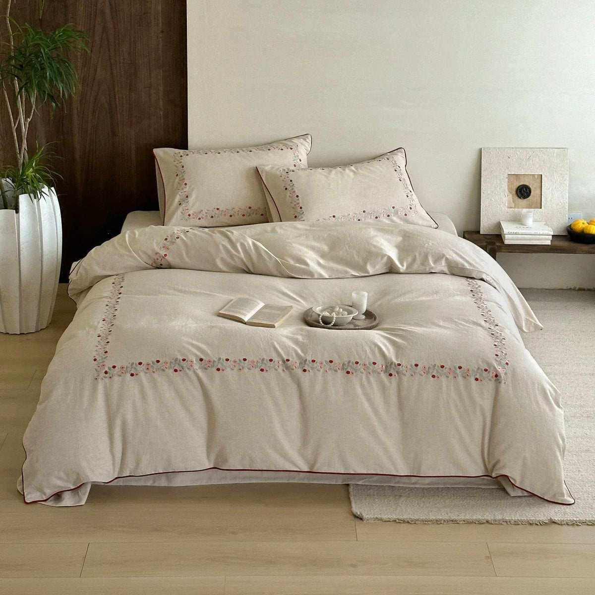 Duvet Cover Set Breathable Cotton-Linen Floral Embroidery