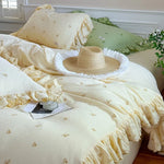 Duvet Cover Set Breathable Cotton-Linen Floral Embroidery & Ruffle