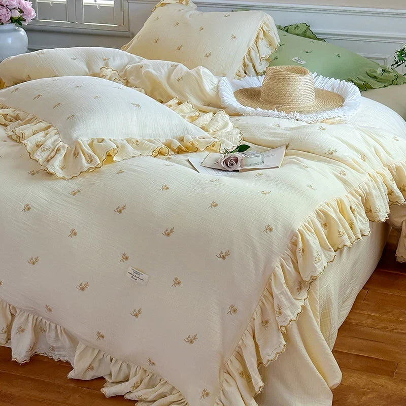 Duvet Cover Set Breathable Cotton-Linen Floral Embroidery & Ruffle