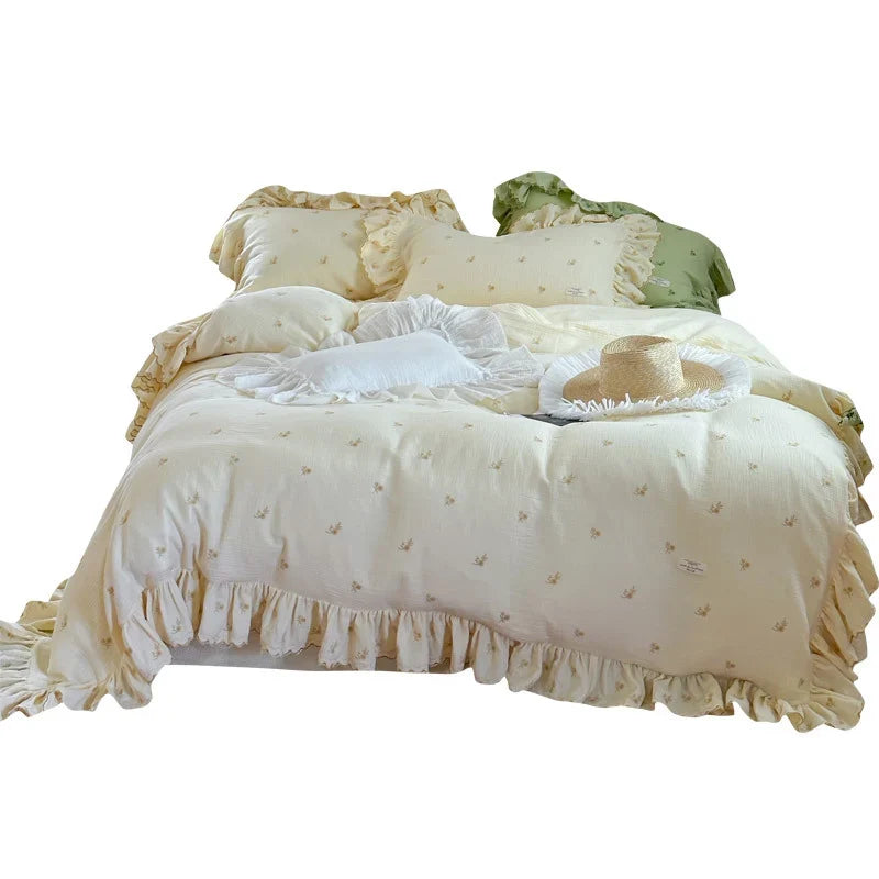 Duvet Cover Set Breathable Cotton-Linen Floral Embroidery & Ruffle