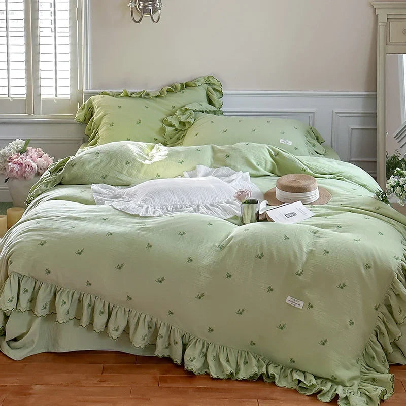 Duvet Cover Set Breathable Cotton-Linen Floral Embroidery & Ruffle