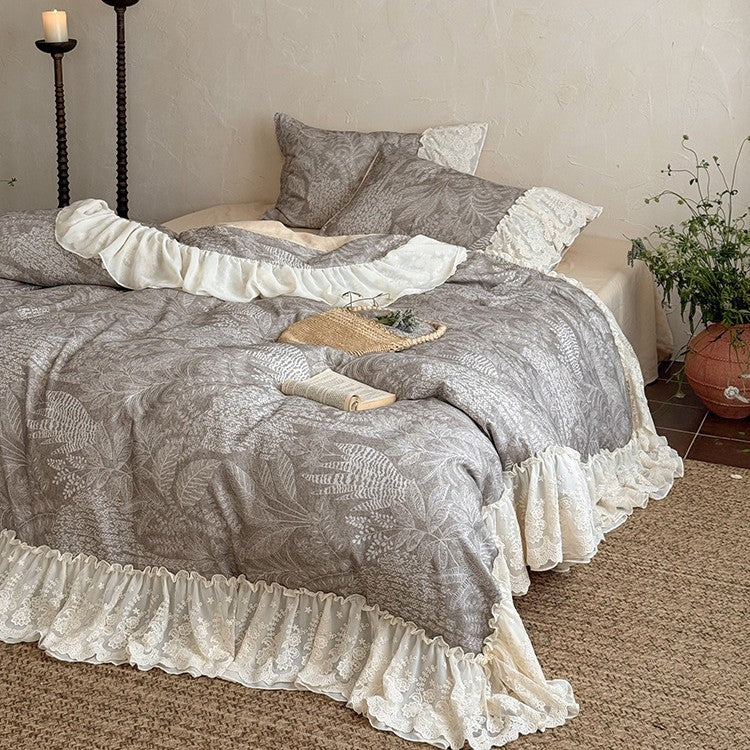 Duvet Cover Set Breathable Cotton-Linen Lace Ruffle 4-Piece