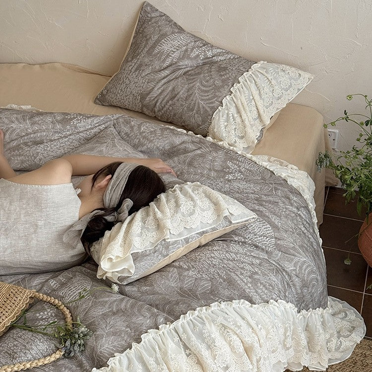 Duvet Cover Set Breathable Cotton-Linen Lace Ruffle 4-Piece