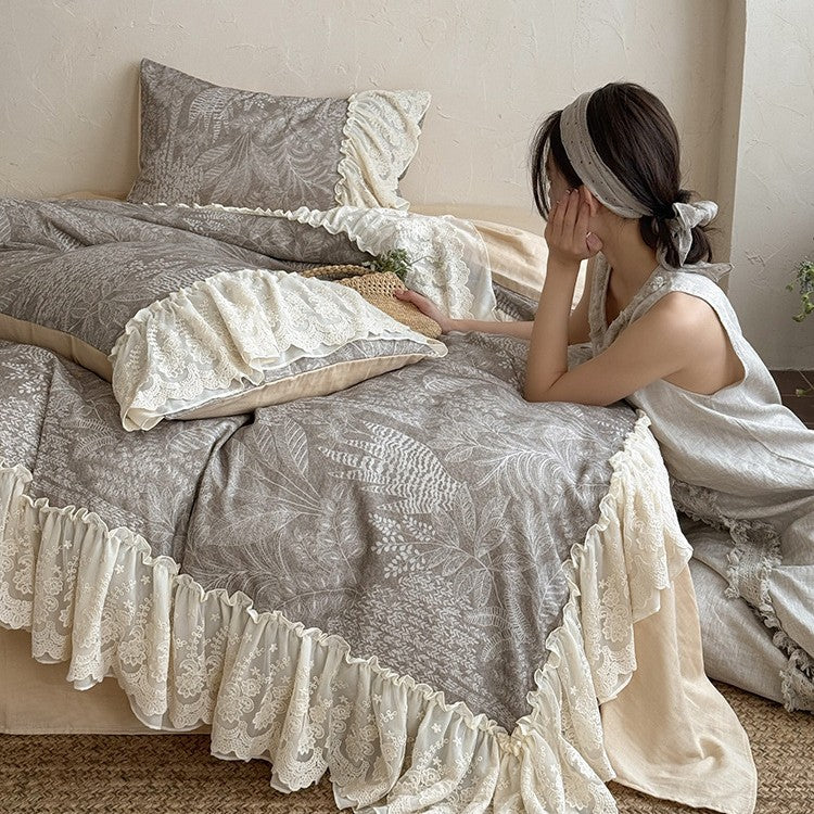 Duvet Cover Set Breathable Cotton-Linen Lace Ruffle 4-Piece