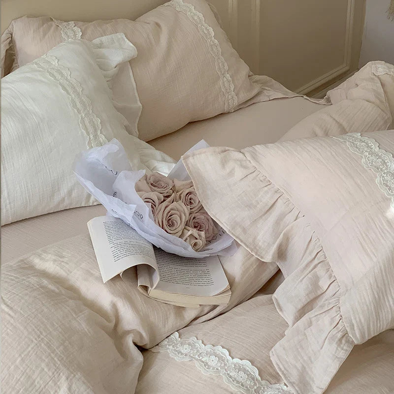 Duvet Cover Set Breathable Cotton-Linen Reversible Lace Ruffle