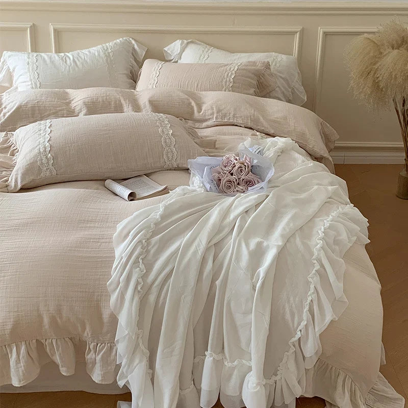 Duvet Cover Set Breathable Cotton-Linen Reversible Lace Ruffle