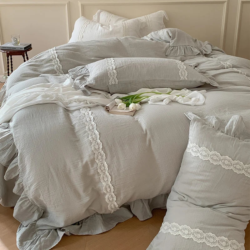 Duvet Cover Set Breathable Cotton-Linen Reversible Lace Ruffle