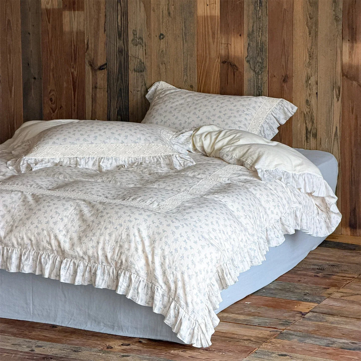 Duvet Cover Set Breathable Cotton-Linen Ruffled & Lace Trim