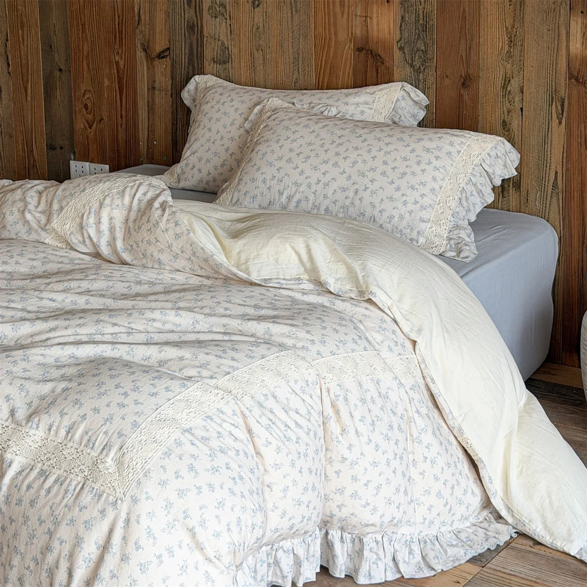 Duvet Cover Set Breathable Cotton-Linen Ruffled & Lace Trim