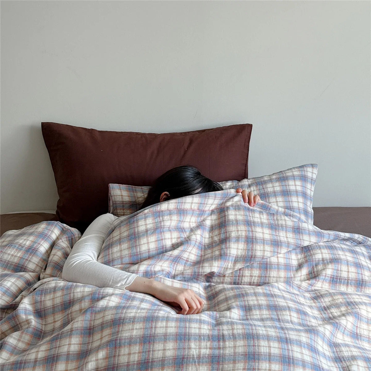 Duvet Cover Set Breathable Cotton Muslin Pastel Check