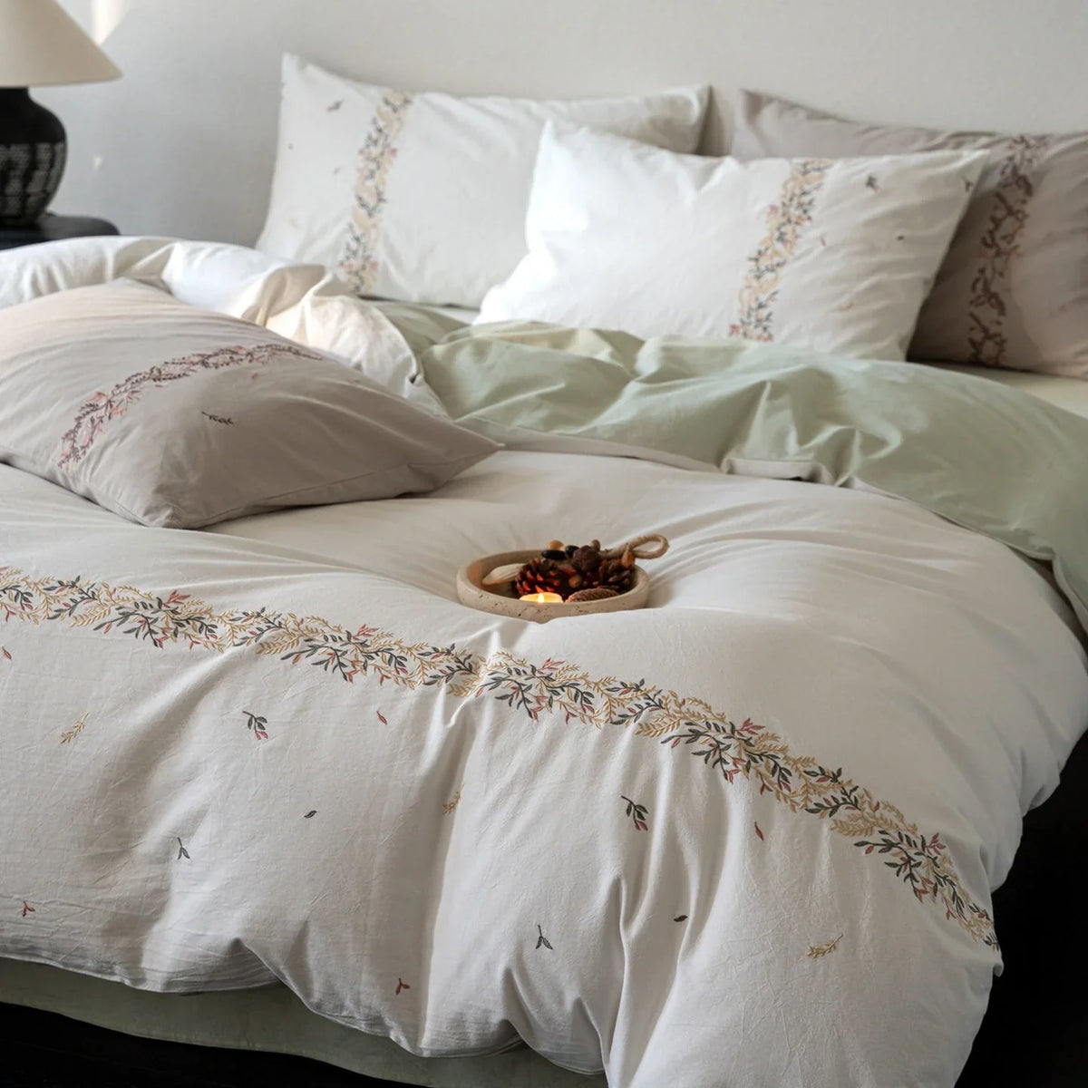 Duvet Cover Set Breathable Cotton Percale Embroidered Floral