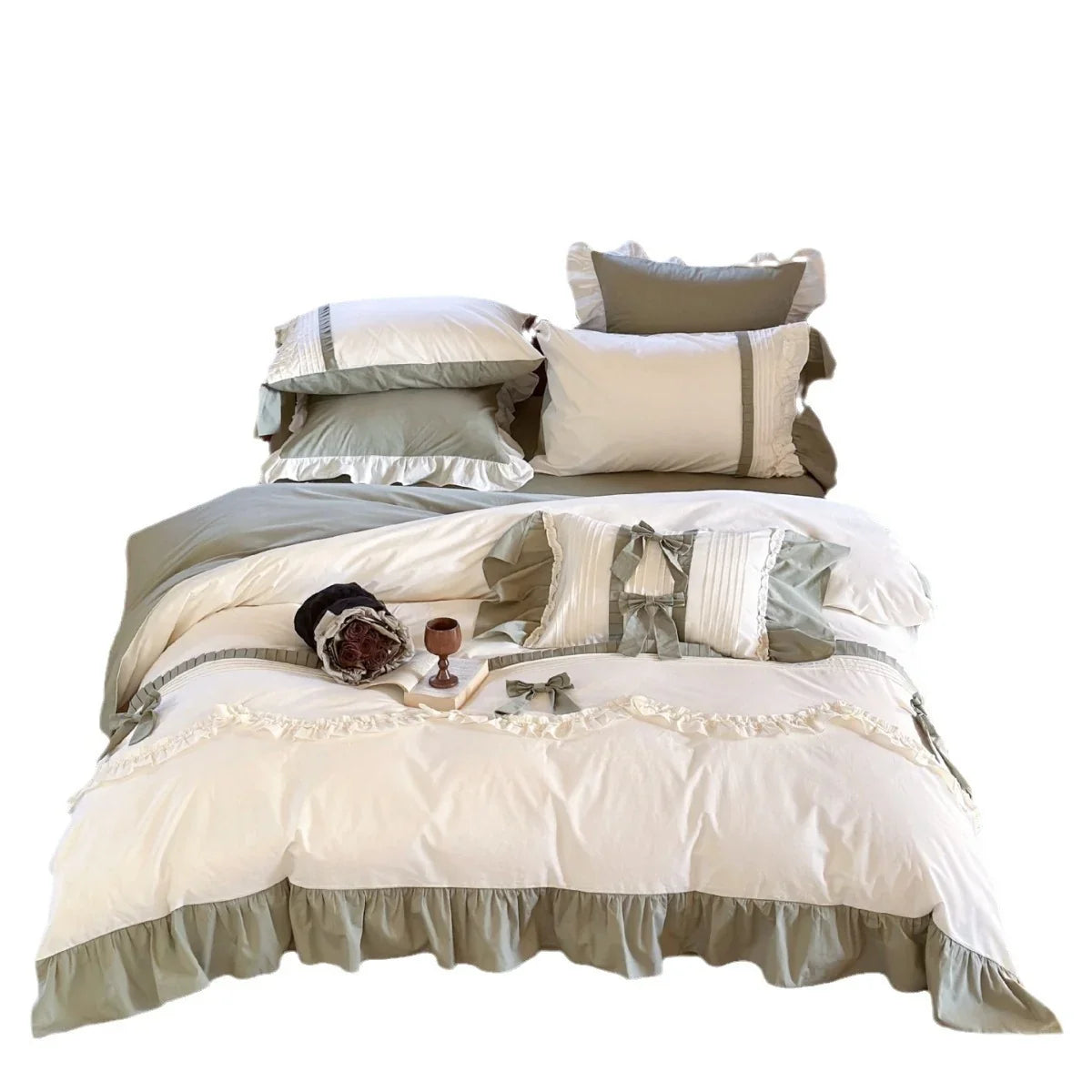 Duvet Cover Set Breathable Cotton Ruffle & Bow Trim