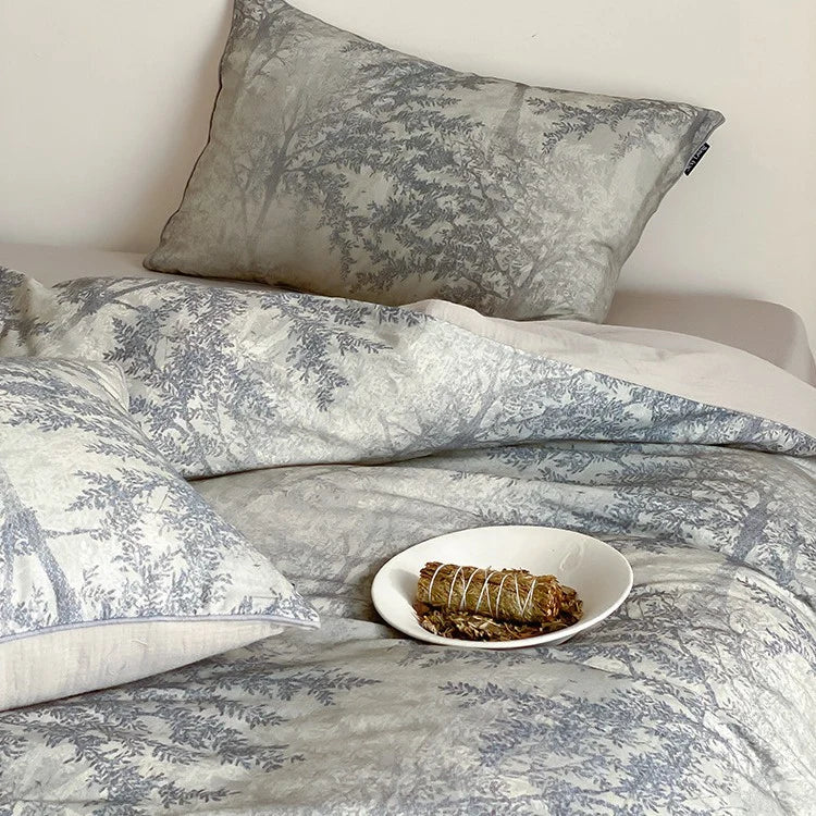 Duvet Cover Set Breathable Cotton Satin Botanical Print 4-Piece