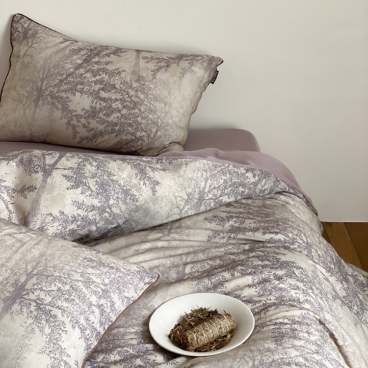 Duvet Cover Set Breathable Cotton Satin Botanical Print 4-Piece