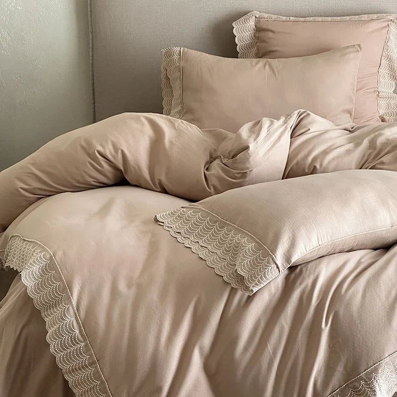 Duvet Cover Set Breathable Cotton Satin & Lace Trim