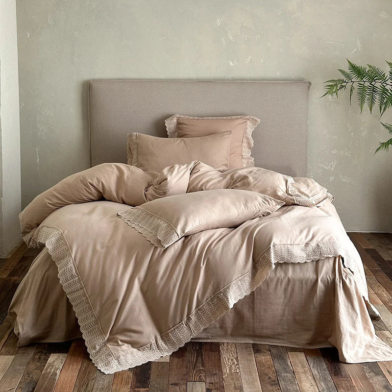 Duvet Cover Set Breathable Cotton Satin & Lace Trim