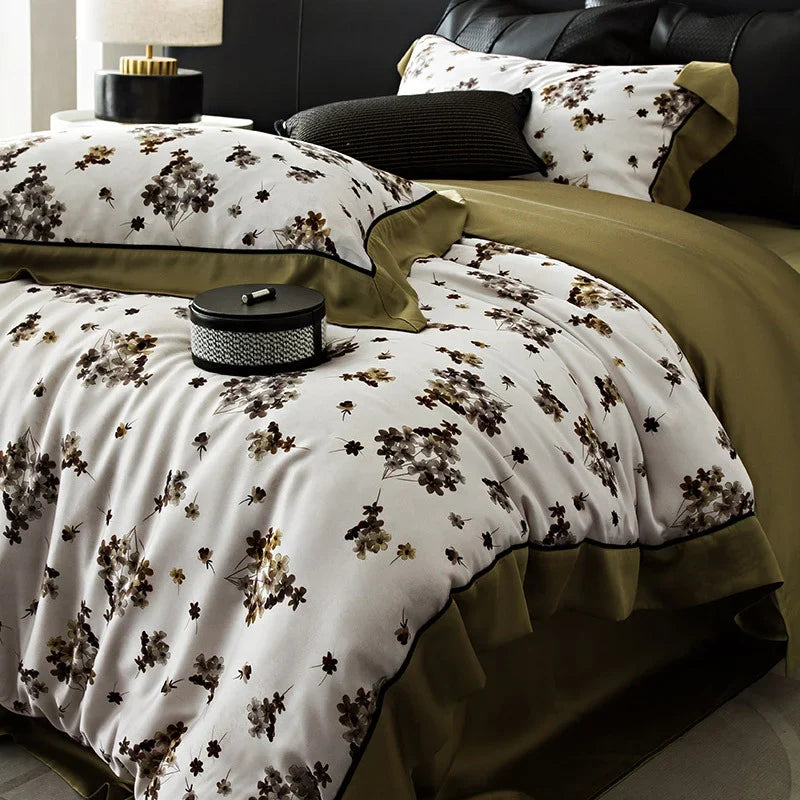Duvet Cover Set Breathable Cotton Satin Watercolor Floral Reversible