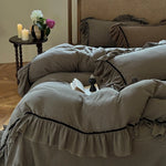 Duvet Cover Set Breathable Linen-Look Cotton Ruffled Hem