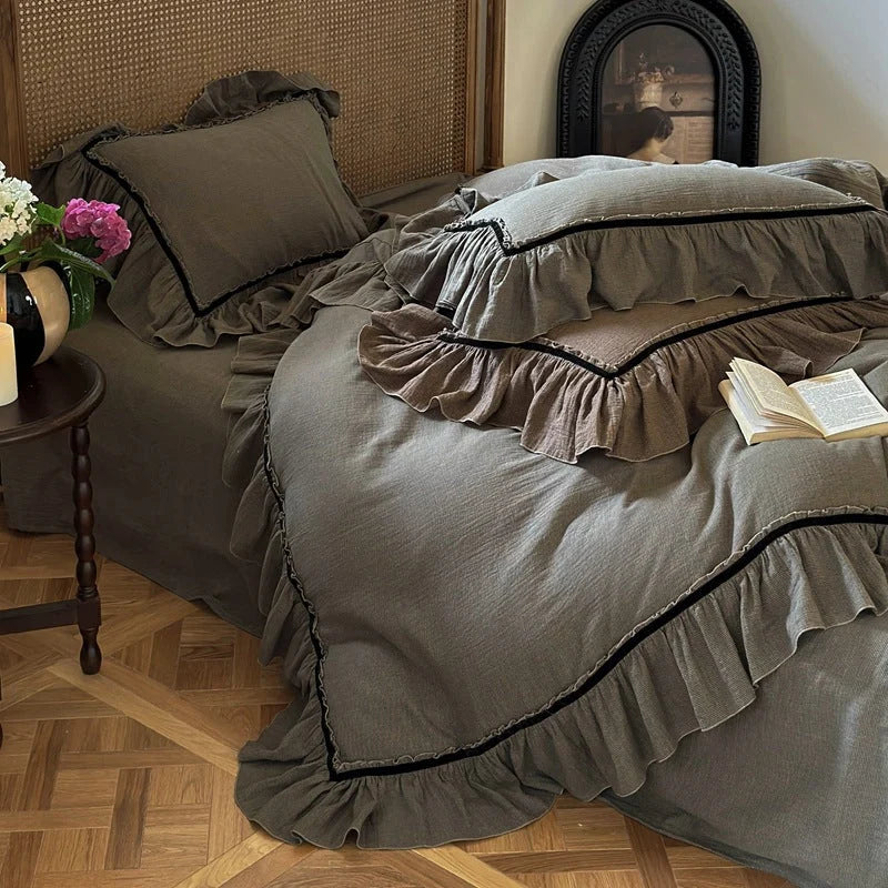 Duvet Cover Set Breathable Linen-Look Cotton Ruffled Hem