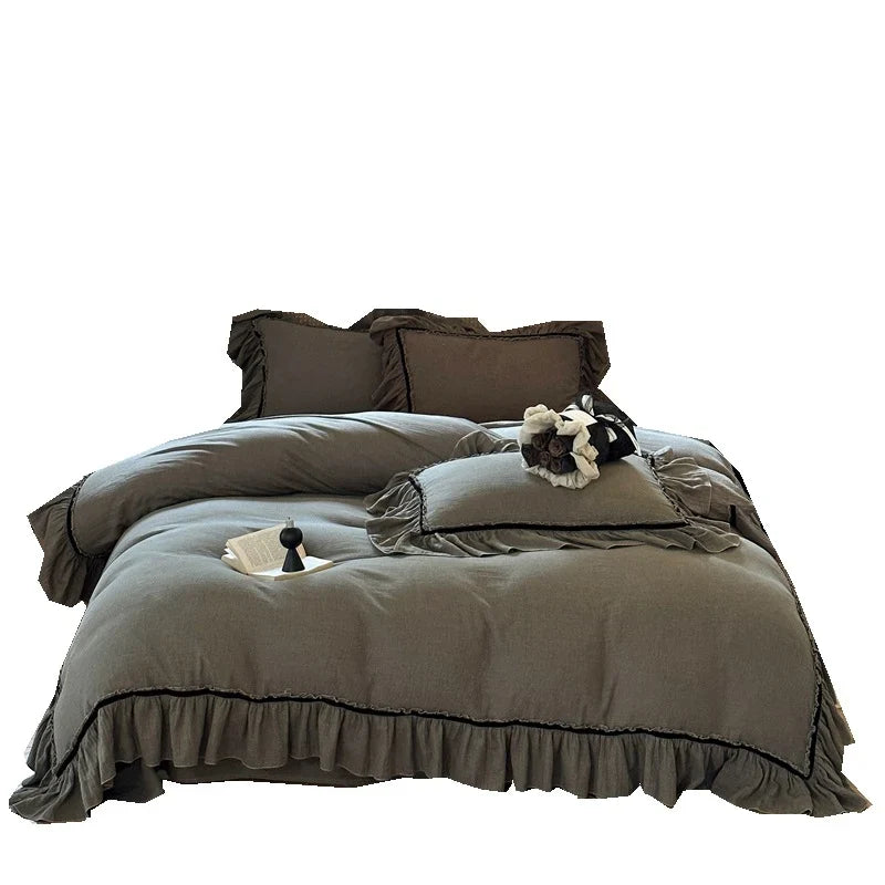Duvet Cover Set Breathable Linen-Look Cotton Ruffled Hem